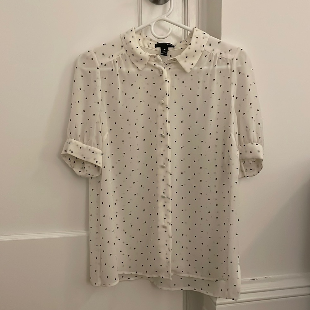 Sheer aqua polka dot blouse, button-up